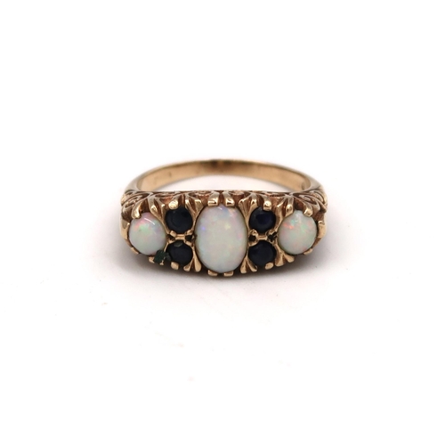  A possible 18ct yellow gold dress ring sapphire and opal to shoulder, 4.8 grams, size N/O