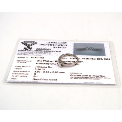  A princess cut diamond single stone ring. Accompanied by an IGI certificate stating 0.34ct, G colour... 