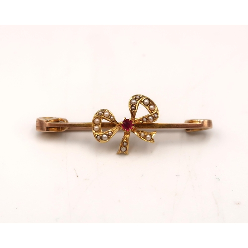  A 9ct Yellow gold ruby and seed Pearl Brooch - weight approx 3.1 grams