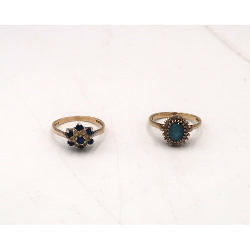  Two 9ct gold cluster rings. To include topaz and diamond, size S , and topaz and yellow gem, size S.... 