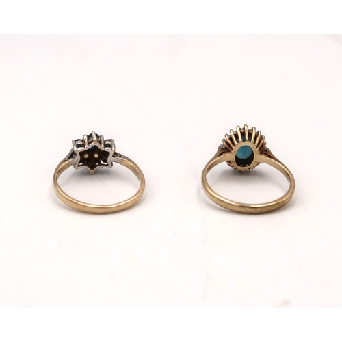  Two 9ct gold cluster rings. To include topaz and diamond, size S , and topaz and yellow gem, size S.... 