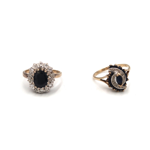  Two 9ct gold rings to include an oval sapphire and CZ cluster. Size R 1/2. A sapphire and single cut... 