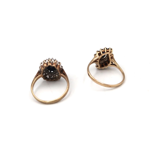  Two 9ct gold rings to include an oval sapphire and CZ cluster. Size R 1/2. A sapphire and single cut... 