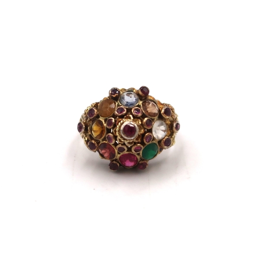  A bombe style multi gem cluster cocktail ring. Size Q. Tests 14ct. Weight 6.66 grams