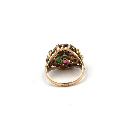  A bombe style multi gem cluster cocktail ring. Size Q. Tests 14ct. Weight 6.66 grams