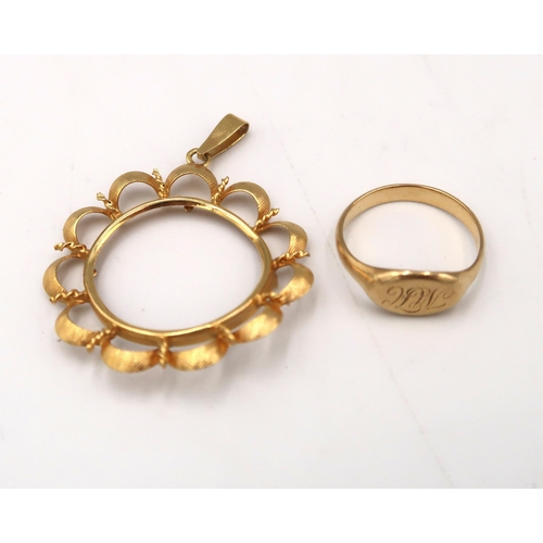  A 9ct marked yellow gold pendant mount and a signer ring with monogram to shoulder. 5.4 Grams. Size ... 