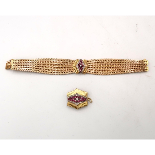  An Art Deco style tapered woven bracelet with central ruby and diamond cluster. Together with a matc... 