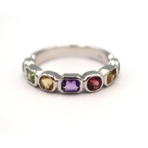 105 - A 9ct white gold multi stone ring consisting of peridots, citrine, garnet, amethyst and aquamarine -... 