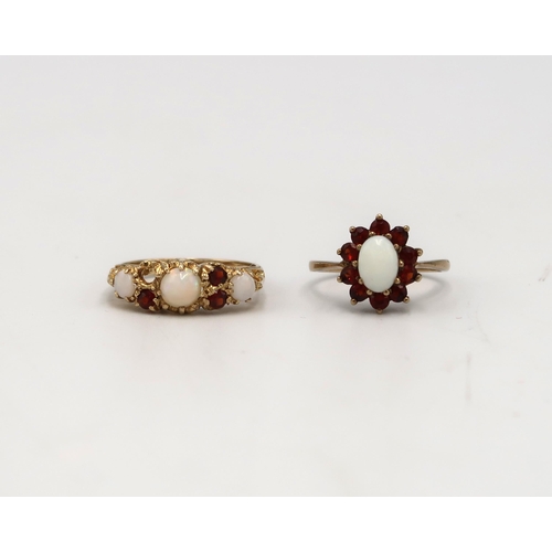 117 - A 9ct hallmarked yellow gold opal and garnet dress ring, size M, approx 2.3 grams, along with anothe... 