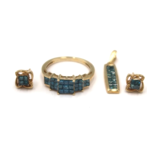 120 - A set of 9ct and irradiated blue diamond jewellery. To include a pair of ear studs each set with fou... 