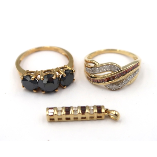 132 - Three pieces of 9ct diamond jewellery. To include a three stone black diamond ring. Size M. Stated d... 