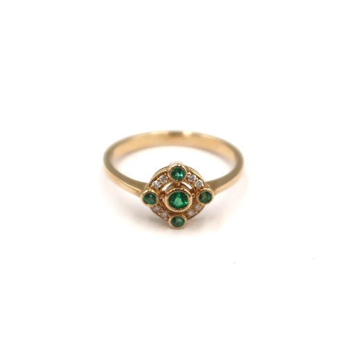 139 - A 9ct yellow gold Art Deco style emerald and diamond ring - emeralds and diamonds are well matched -... 