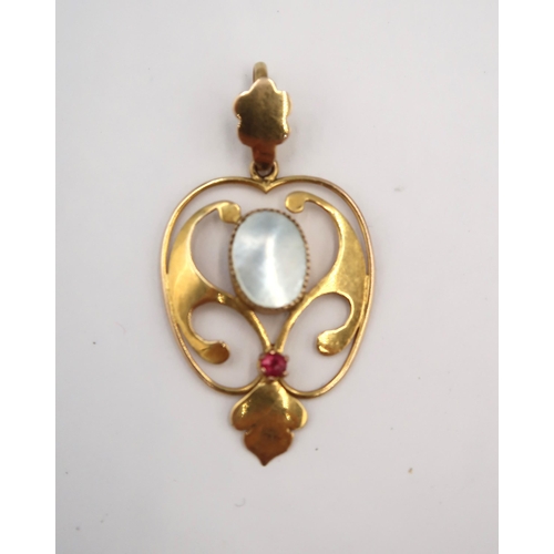 148 - A 9ct yellow gold Art Nouveau blister pearl and ruby pendant - head size approx 33mm x 19mm - includ... 