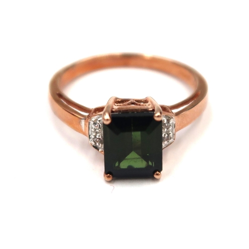 177 - A 9ct gold octagon tourmaline ring with brilliant cut diamond shoulders. Size N.  Weight 2.81 grams.