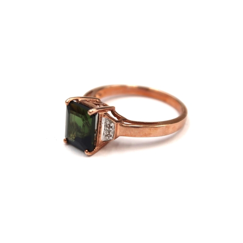 177 - A 9ct gold octagon tourmaline ring with brilliant cut diamond shoulders. Size N.  Weight 2.81 grams.