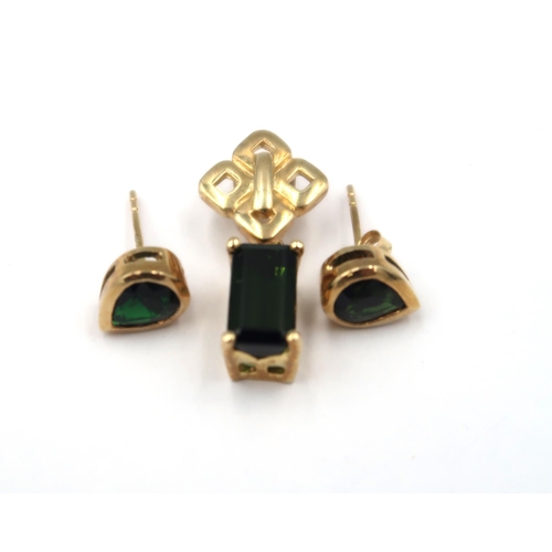 178 - A pair of pear shape chrome tourmaline ear studs. Together with an octagon cut green tourmaline pend... 