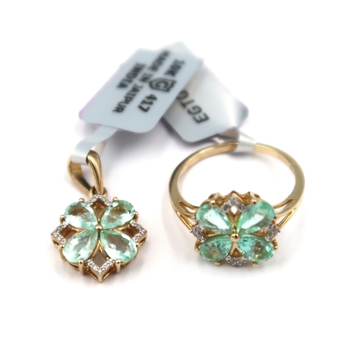 184 - A 9ct gold Paraiba tourmaline and single cut diamond flower ring. Size O. Together with a matching p... 