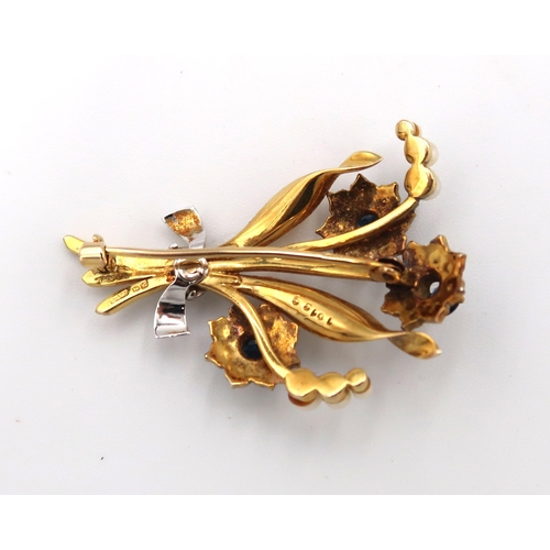 195 - A vintage 9ct gold, pearl, diamond and sapphire floral spray brooch, 6.4g.