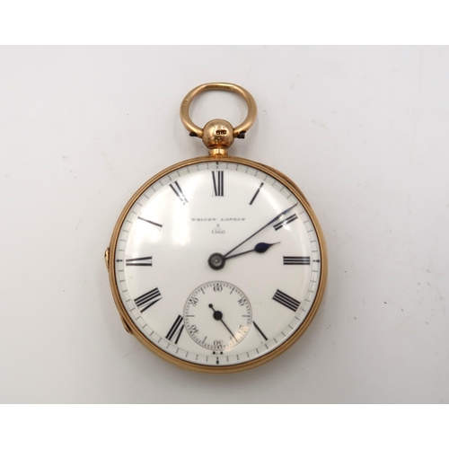 251 - An 18ct yellow gold open faced pocket watch by Wright of London, roman numerals to white enamel, sub... 