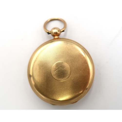 251 - An 18ct yellow gold open faced pocket watch by Wright of London, roman numerals to white enamel, sub... 