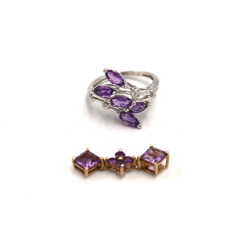 34 - A 9ct white gold, hallmarked amethyst and diamond dress ring, size K, 2.6g, and a 9ct gold and ameth... 