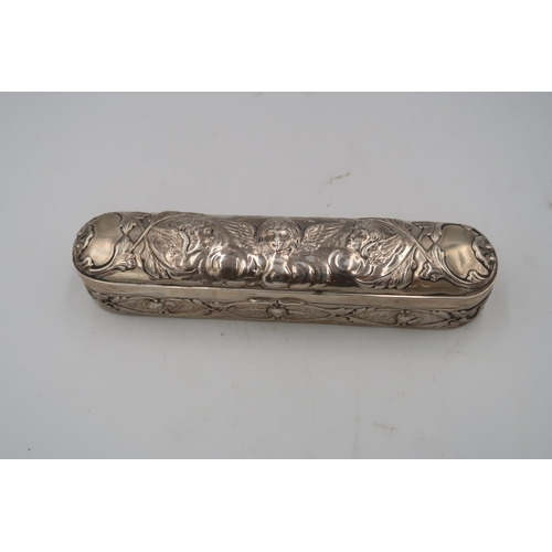 340 - A silver hallmarked lidded trinket tray decorated with embossed angels, approx 3.79 troy oz, 17cm lo... 