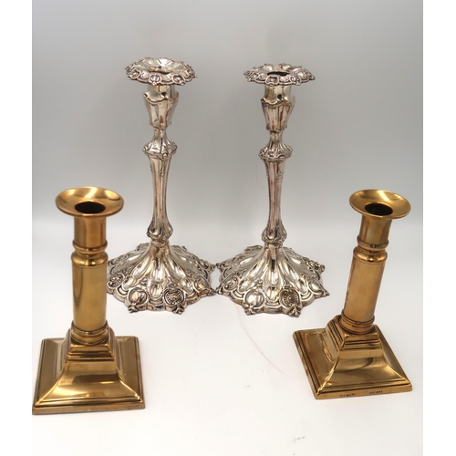 473 - A pair of brass extendable candlesticks marked F and Co. and a pair of silver plated candlesticks wi... 