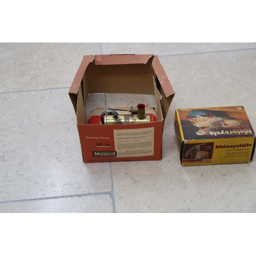 566 - A Mamod SE1A engine with box (a/f) together with a tinplate motorcycle, boxed.