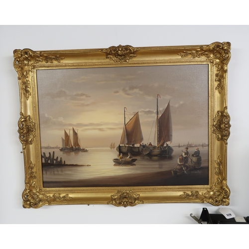 579 - An Oil on canvas, Shoreline marine scene, with figures to foreground. Signed Bernard Page. 68cm x 48... 