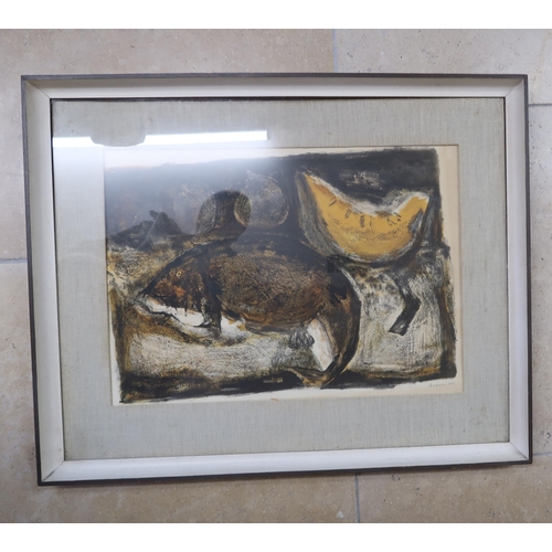 593 - A lithograph 'Fish and fruit' signed to the margin Guerrier. 40cm x 57cm.