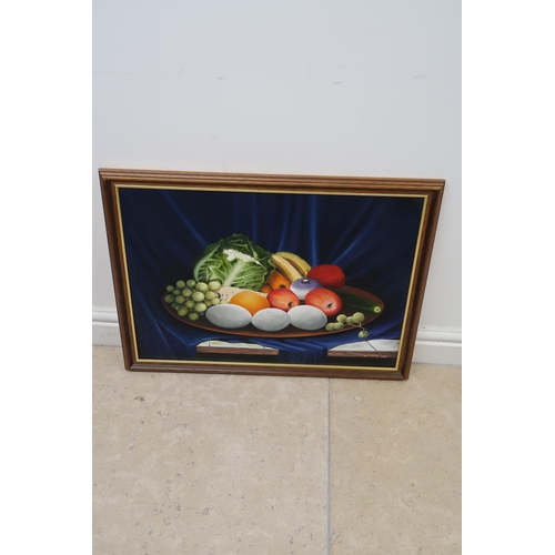 593A - W. F. Amos (British Contemporary): still life of fruit, eggs and vegetables, signed bottom right and... 