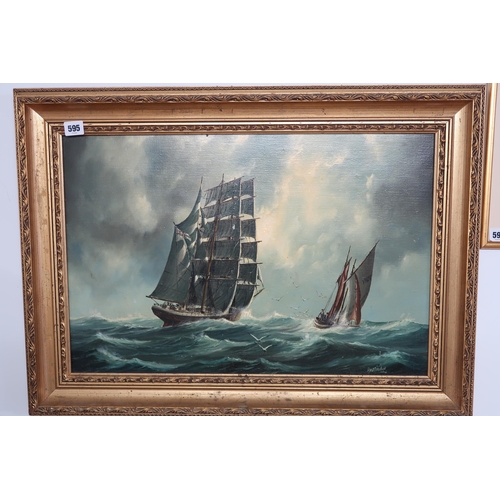 595 - An oil on canvas, a marine tall ship scene, 59cm x 39cm in a decorative gilt frame