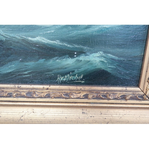 595 - An oil on canvas, a marine tall ship scene, 59cm x 39cm in a decorative gilt frame