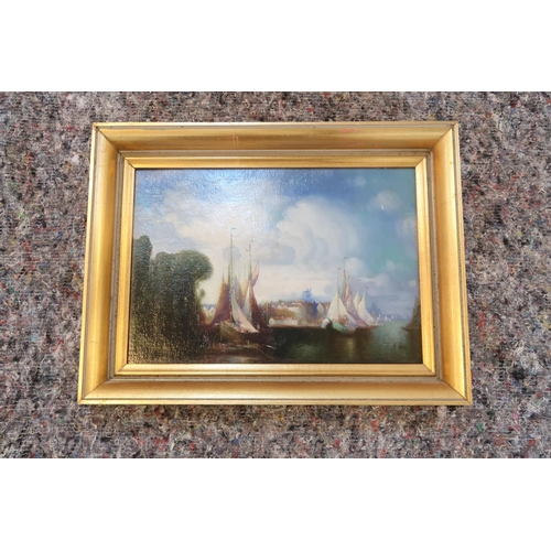 598 - A. Piper - Oil painting of masted ships in a gilt frame - 37cm x 28cm