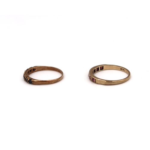 60 - Two 9ct gold rings. To include a sapphire seven stone ring, size Q and a ruby seven stone ring, size... 