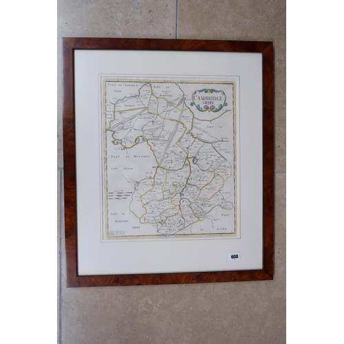 608 - A map of Cambridgeshire as sold by Abel Swal and John Churchill, 36 by 43cm, framed and glazed.