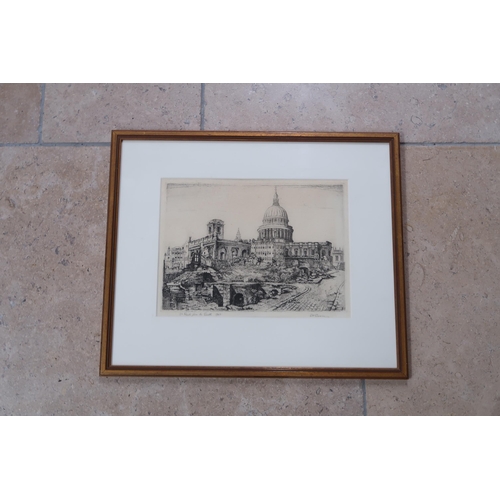 609 - After Emerson H Groom (1890-1983): St Paul's from the South, 1943,  an etching, 28 by 21cm, framed a... 