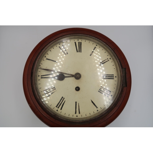 611 - A Small mahogany cased circular wall clock Roman Numerals to white enamel dial, single fusee movemen... 