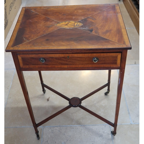 624 - A Georgian Satinwood occasional table with shell inlay to top on slender legs with brass caps and ca... 