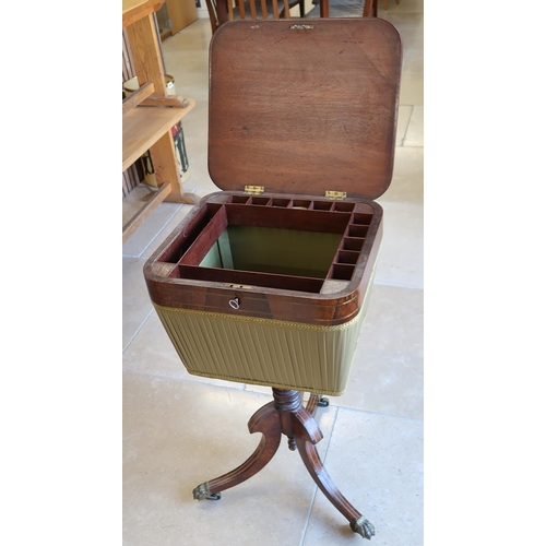 629 - A 19th century Rosewood and Brass inlaid workbox on three out swept legs. 75cm high.