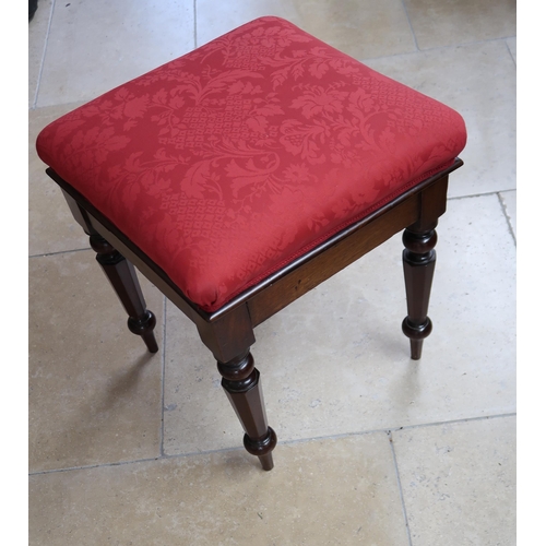 630 - A mahogany stool with red upholstered overstuffed seat, 48cm x 48cm x 57cm high