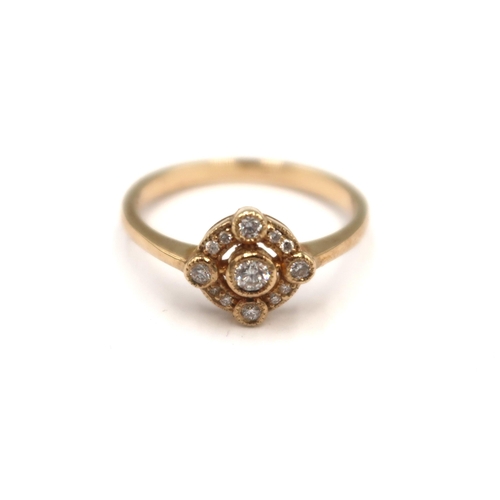 93 - A 9ct yellow gold Art Deco style diamond ring - diamonds are well matched, bright and lively - head ... 