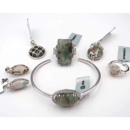 160 - Six pieces of silver Aquaprase, zircon and diamond jewellery. To include an oval cabochon and white ... 