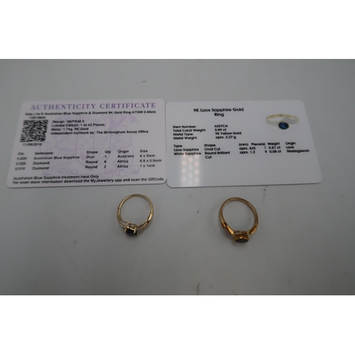 110 - Two 9ct gold sapphire and diamond crossover rings. To include an oval sapphire with four diamonds to... 