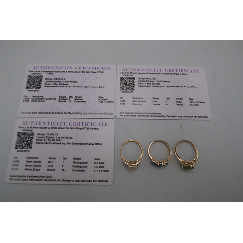 116 - Three 9ct gold rings. To include an oval blue apatite and white zircon dress ring, size M. A rectang... 