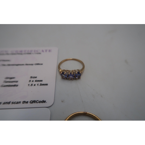 119 - Two 9ct rings. To include a yellow tanzanite with diamond shoulders, size O. An oval tanzanite three... 