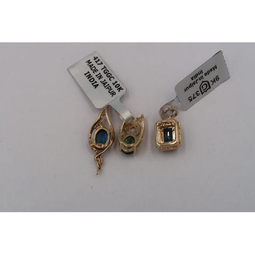 128 - Three 9ct gold pendants. To include an oval kyanite and diamond, a square kyanite and zircon and an ... 