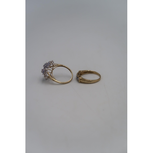 140 - Two marked .375 Yellow gold dress ring set with  Lilac coloured stones to shoulder Size T. and a mar... 