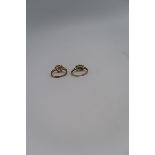 146 - Two marked .375 Yellow gold dress rings, one set with green stones and small round cut diamonds Size... 