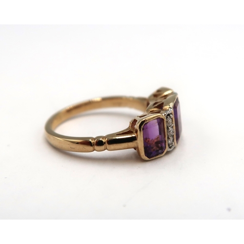 174 - A 9ct yellow gold Art Deco style three stone amethyst and diamond ring, amethysts and diamonds well ... 